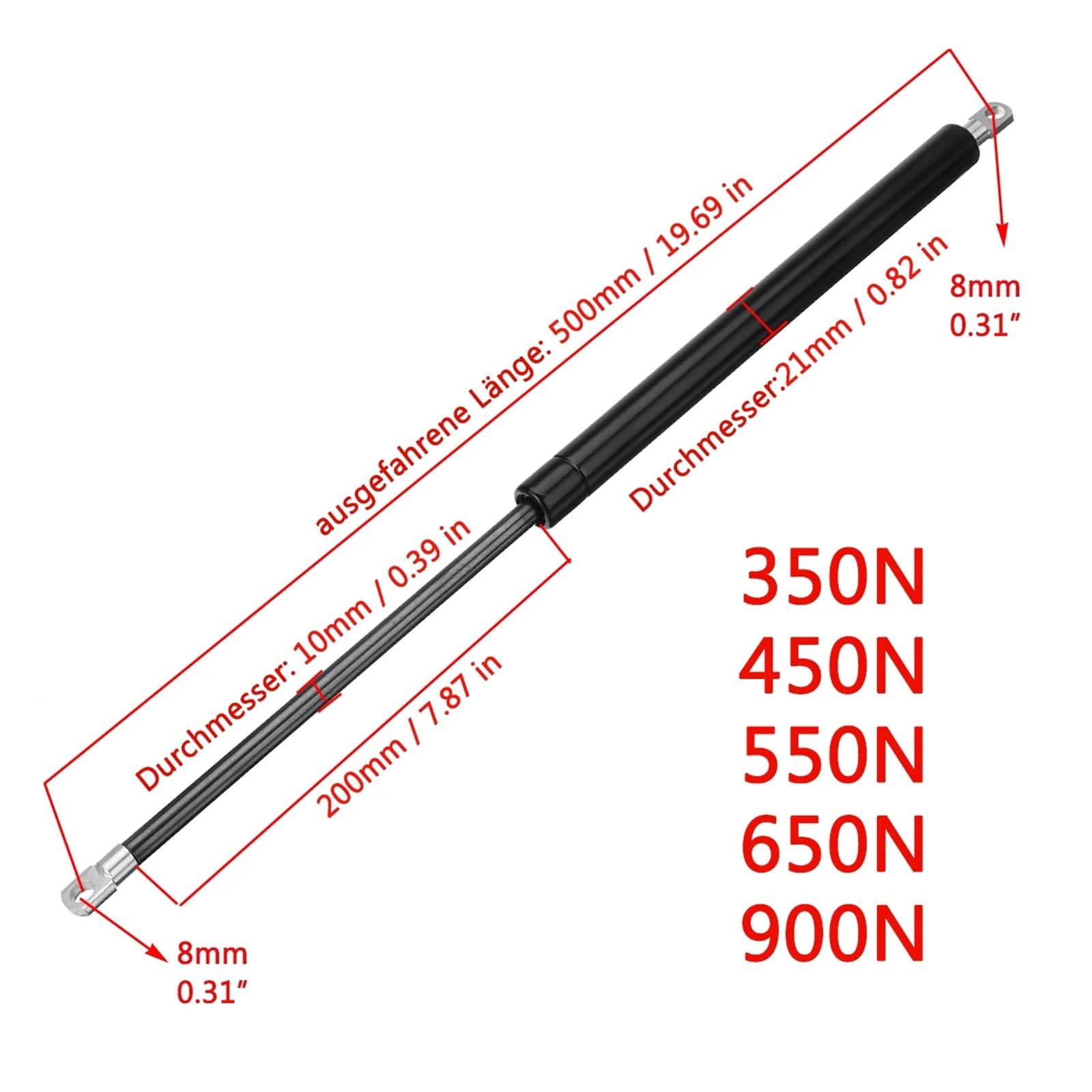 Rozpórki Wstrząsy Pręt 1 szt. 350/450/550/650/900N 500 mm do samochodu, autobusu, skrzyni ładunkowej, ciężarówki, łodzi, okna, maski, amortyzatora podnośnika, wspornika(900N)