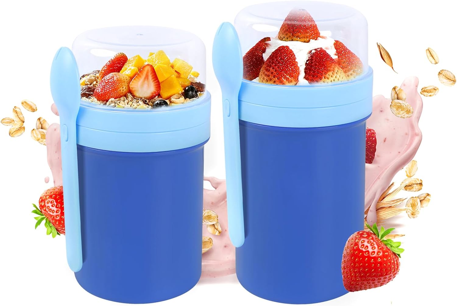 2 Pack Overnight Oats Containers with Lids,21 & 25oz On the Go Yogurt Parfait Cup,Overnight Oats Jars,Reusable Cereal Yogurt Cup and Divided Compartment for Fruit Nuts (Blue,S+M)