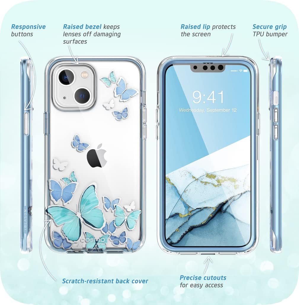 i-Blason Cosmo Series Case for iPhone 13 5G 6.1 inch (2021 Release), Slim Full-Body Stylish Protective Case with Built-in Screen Protector (BlueFly)