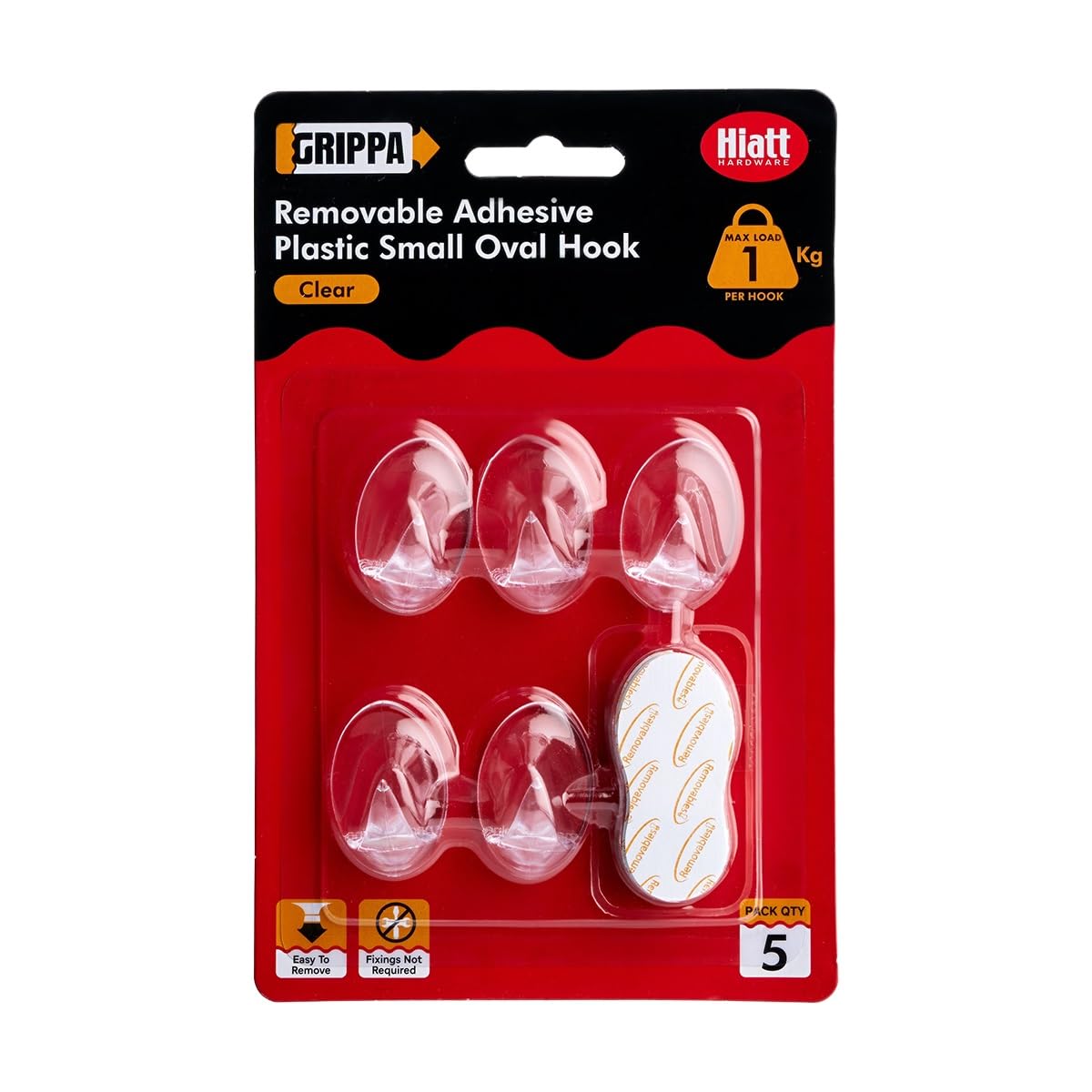 Grippa Clear Self Adhesive Small Oval Hooks, Removable Sticky Hooks, Holds Up To 1Kg - Pack Of 5