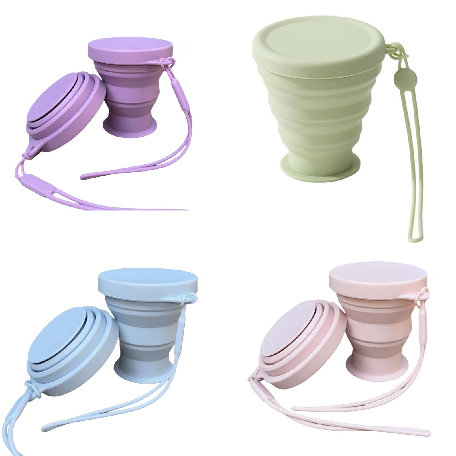 ROSSRORE 4-Pack Collapsible Silicone Travel Cups - Reusable 7oz Foldable Camping Cups with Lids, Leakproof & Portable for Hiking Camping Gym (Macaron Colors, 200ml)