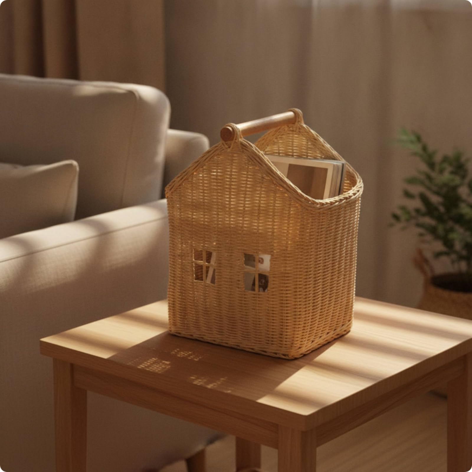 Cestino Portaoggetti Bambini Cesta Contenitore Organizzatore Cassetta Raccoglitore Intrecciato con Maniglia in Legno Leggera Trasportabile Adatto per Cameretta Libreria Tavolo, Grande