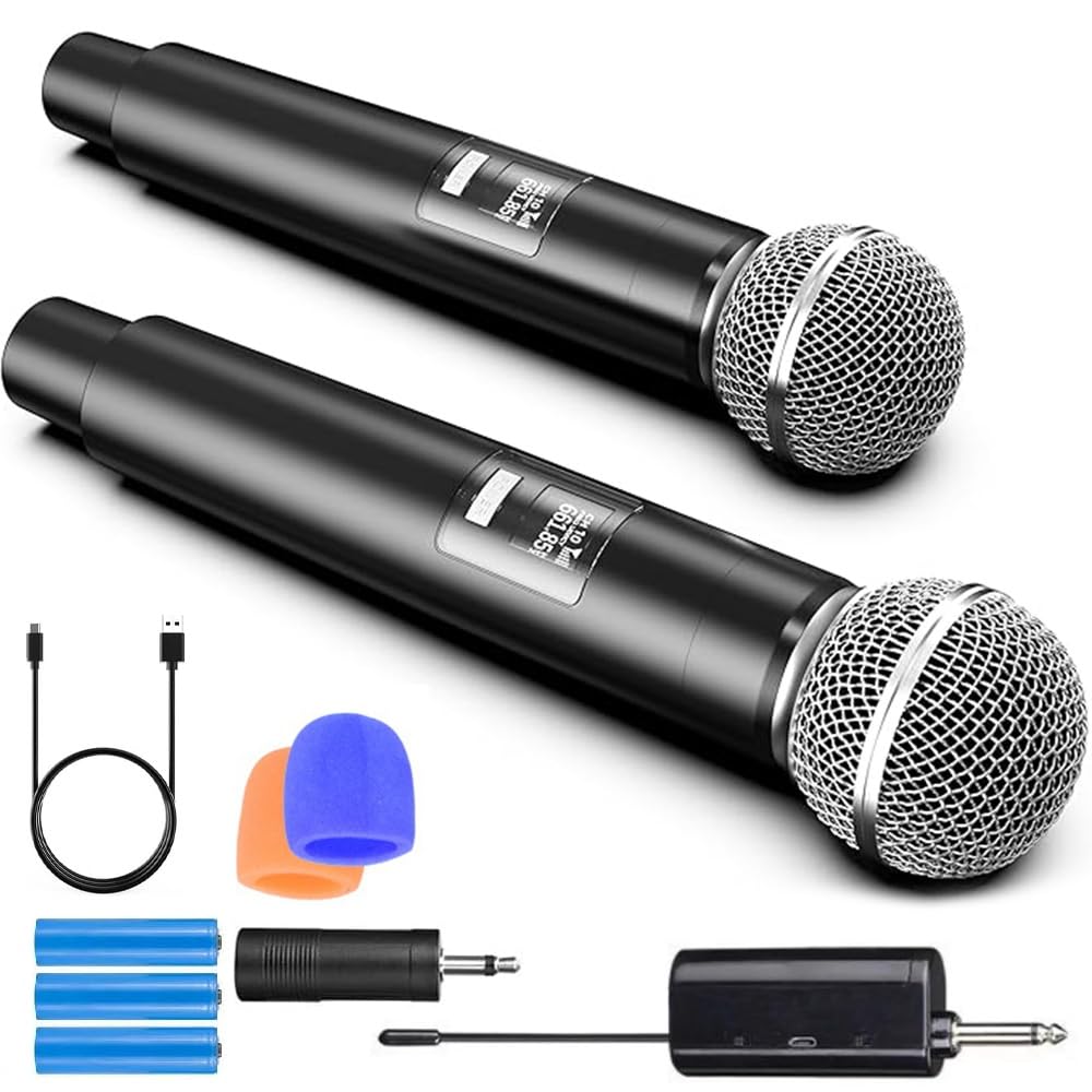 RUOVXWU Microphone Wireless Microphones for Adults Portable Rechargeable Dual Handheld Cordless Metal Singing Microphone for 2 People for Singing,Speech