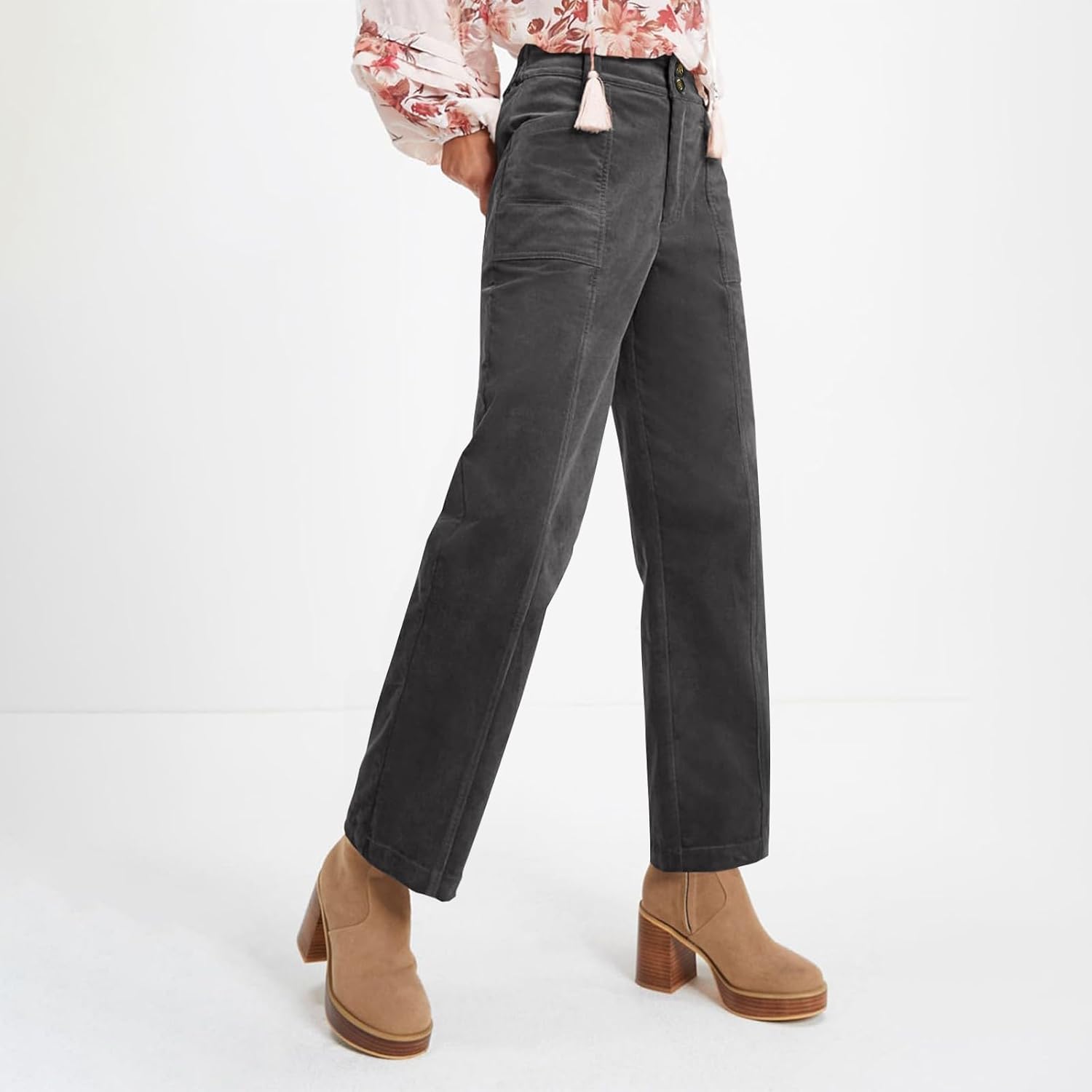 Wide Leg Corduroy Pants Women Comfy Elastic Waist Straight Leg Work Pants Vintage Button Down Business Casual Pants