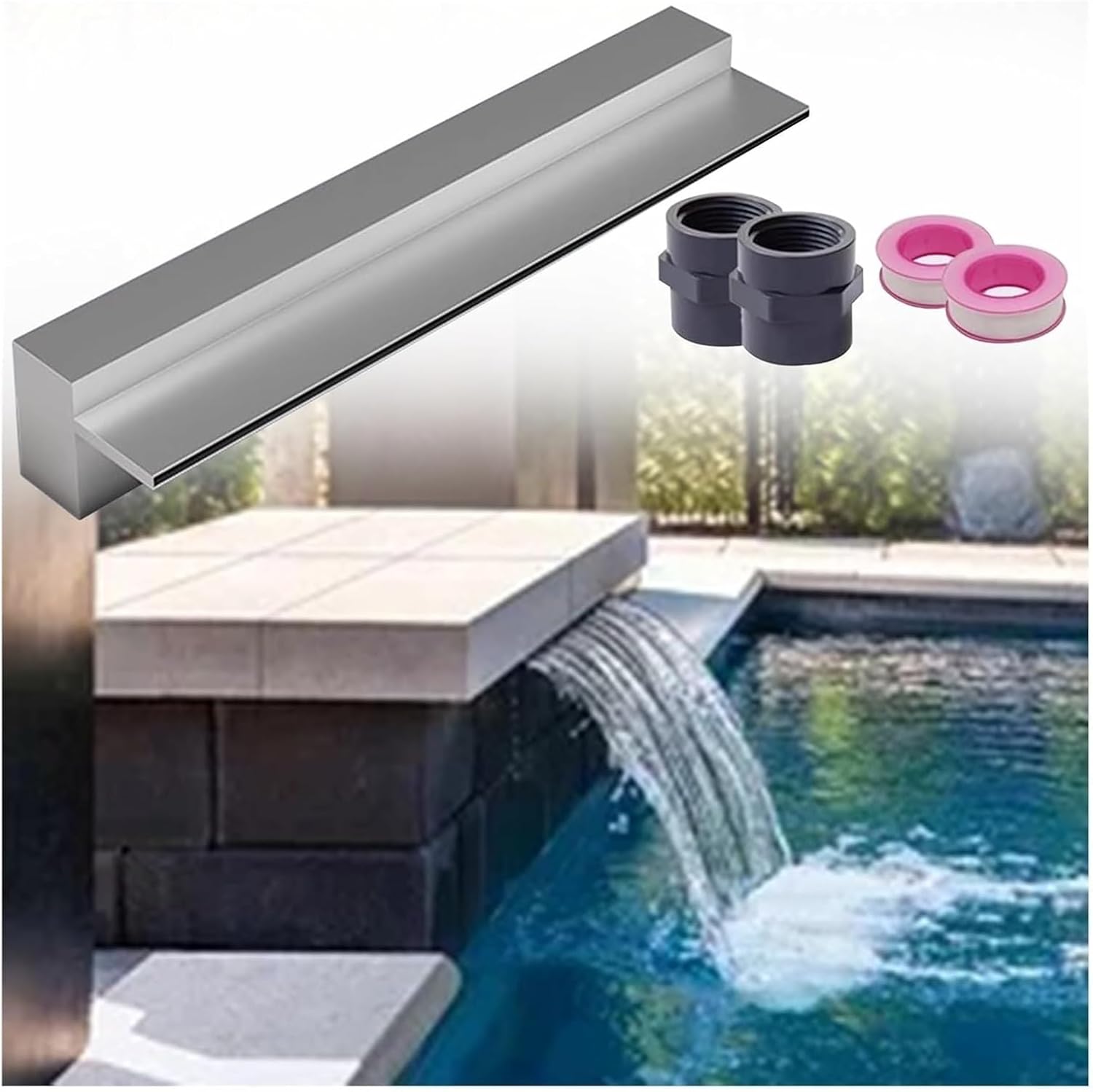 Waterfall Spillway Fountain.Recessed Pool Fountain Waterfall Spillway - 210cm Silver Water Feature for Garden, Deck & Villas - Ideal Backyard Pond Decoration & Outdoor Oasis Accessory，（Silve