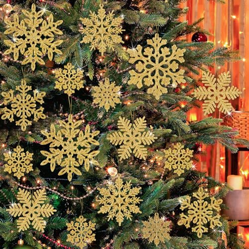 Image of 49pcs Christmas Party Decorations Snowflake Ornaments - Gold Glitter Snowflakes DIY Hanging Ornaments for Winter Christmas Tree Wall Ceiling Window Decor