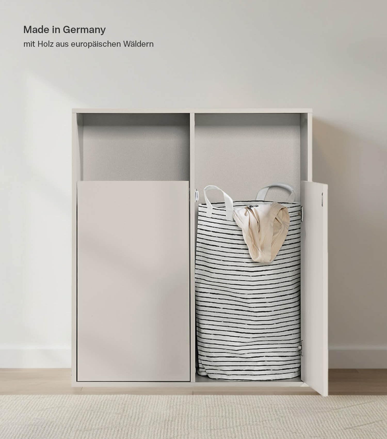 mokebo Wäscheschrank 'Der Wäschehüter' (95x80x40 cm) Made in Germany, Wäschesortierer aus Holz in Kaschmir mit 2 Fächern, Wäschekorb, Wäschesammler oder Wäschetruhe in Beige, fürs Bad & Schlafzimmer