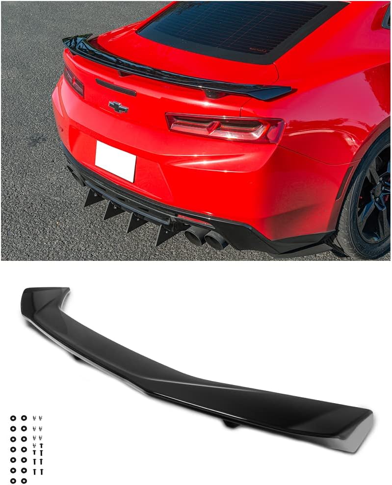 Replacement for 2016-Present Chevrolet Camaro All Models | ZL1 GM Factory Style Rear Trunk Lid Wing Spoiler (ABS Plastic - Painted Glossy Black)