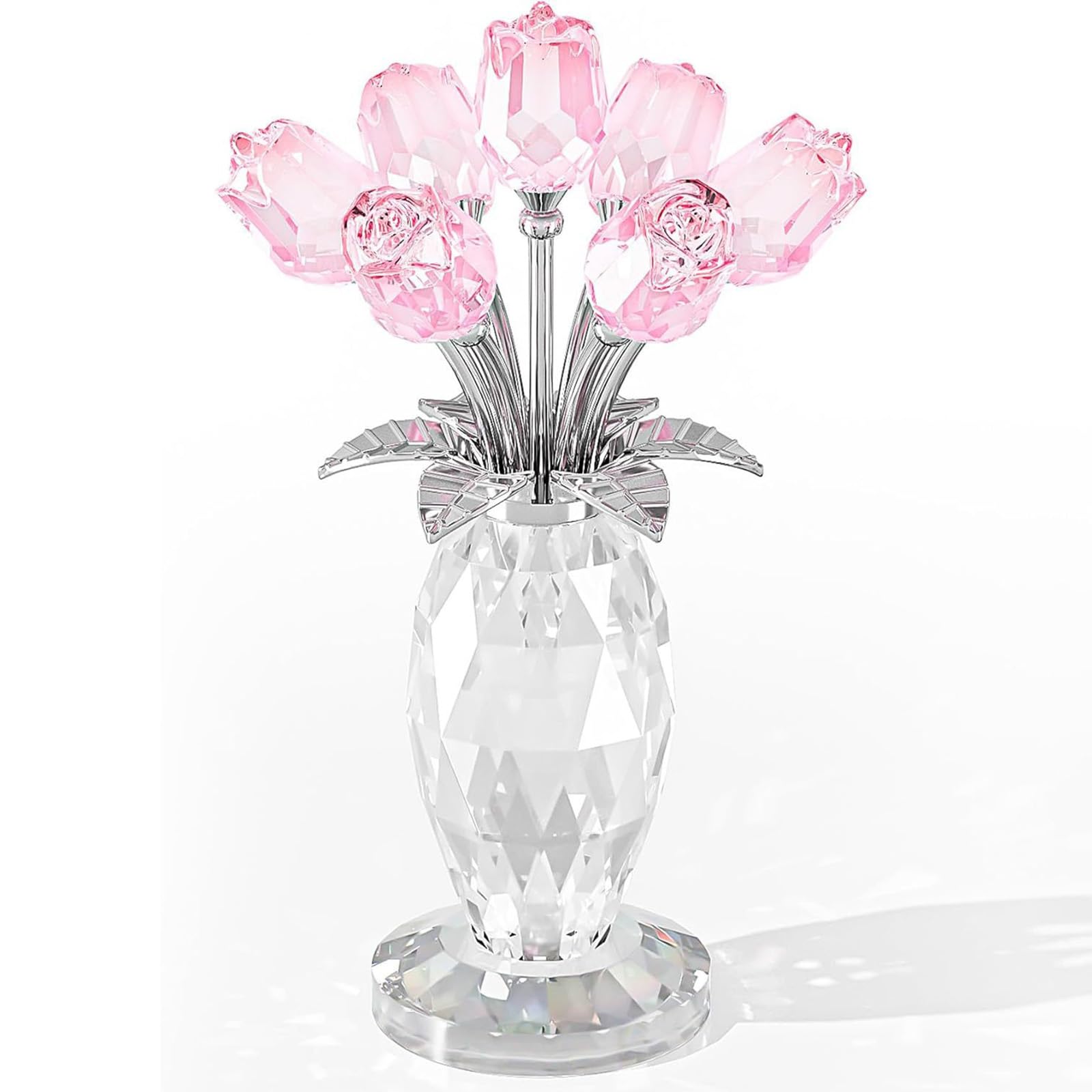 Glass Rose Flowers, Crystal Glass Figurines Rose Decorations for Home Gifts for Mom Wife Grandma, Crystal Flowers Collectible Ornament Mother's Day