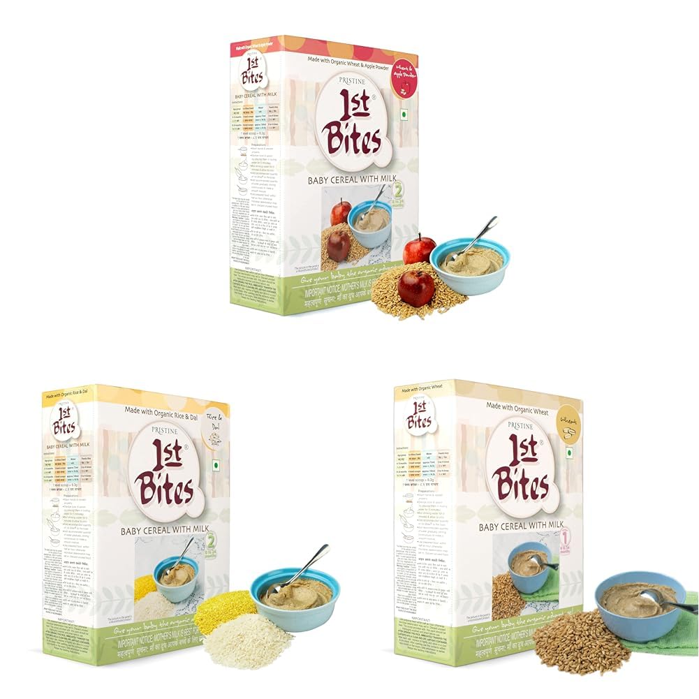 Pristine 1st BITES Baby Cereal 300g (8-24 Months) Wheat & Apple Powder & Pristine 1st BITES Baby Cereal 300g (8-24 Months) Rice & Dal & Pristine 1st BITES Baby Cereal 300g (6-24 Months) Wheat