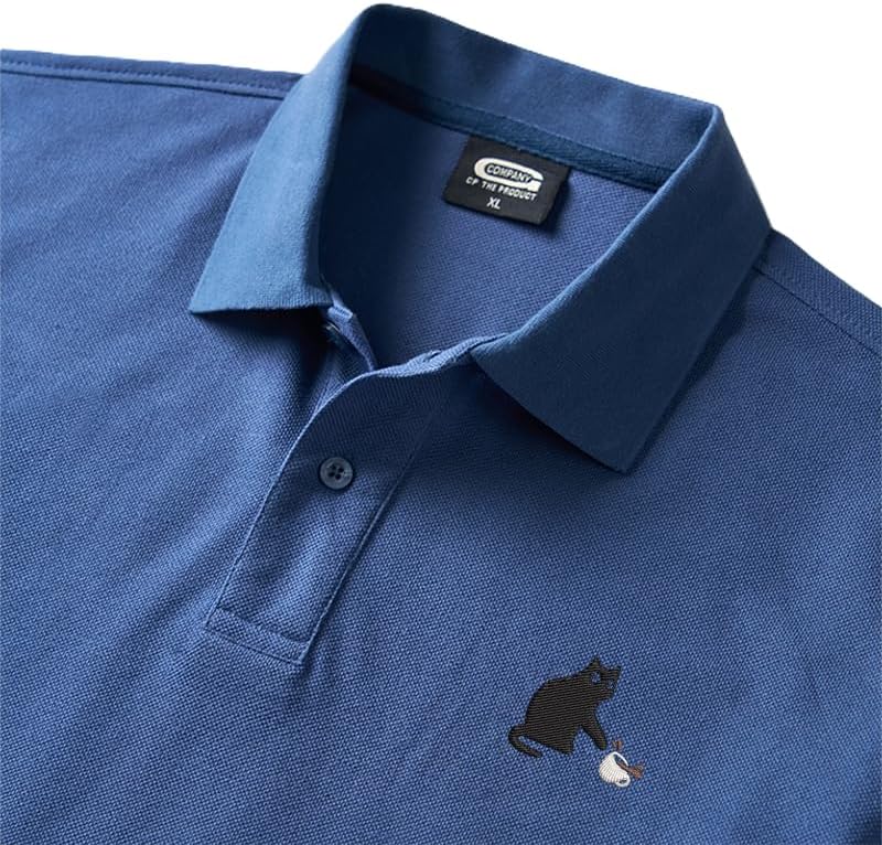 Playful Cat Polo Shirt for Men,Men's Classic Embroidered Two-Button Closure Polo Shirt