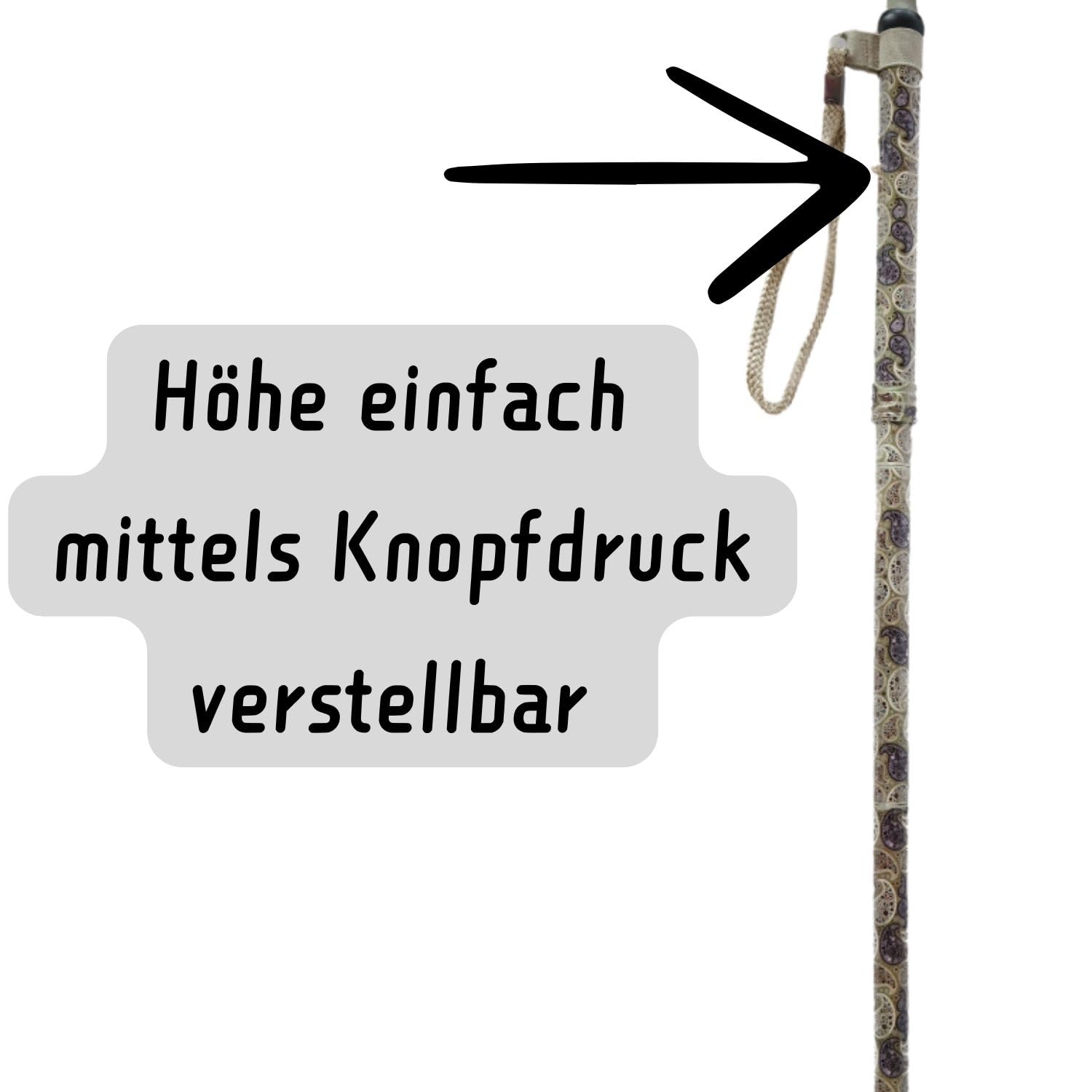 Neck-Escort Gehstock höhenverstellbar Aluminium + Olanmarp Klettarmband | Ergonomischer Griff mit Gummiüberzug, Paisley-Dekor, Handschlaufe, rutschfester Gummipuffer – stilvoll & sicher