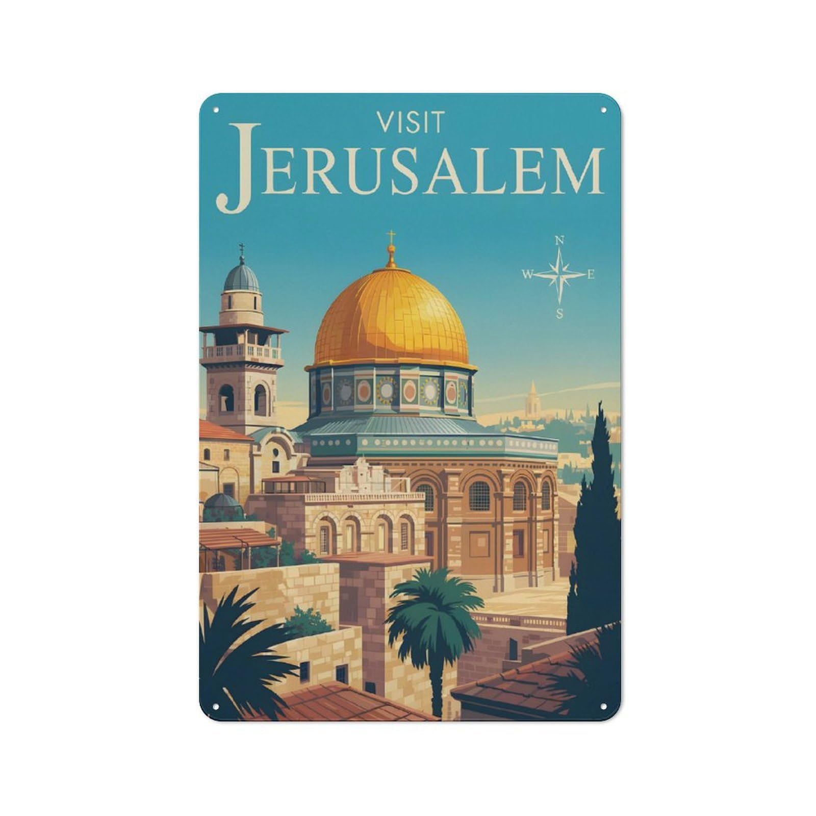 Junmoney Style-23 Visit Jerusalem Travel Printed Metal Sign 30X20cm For Garage Wall, For Collectors Of Vintage Metal Wall Decor
