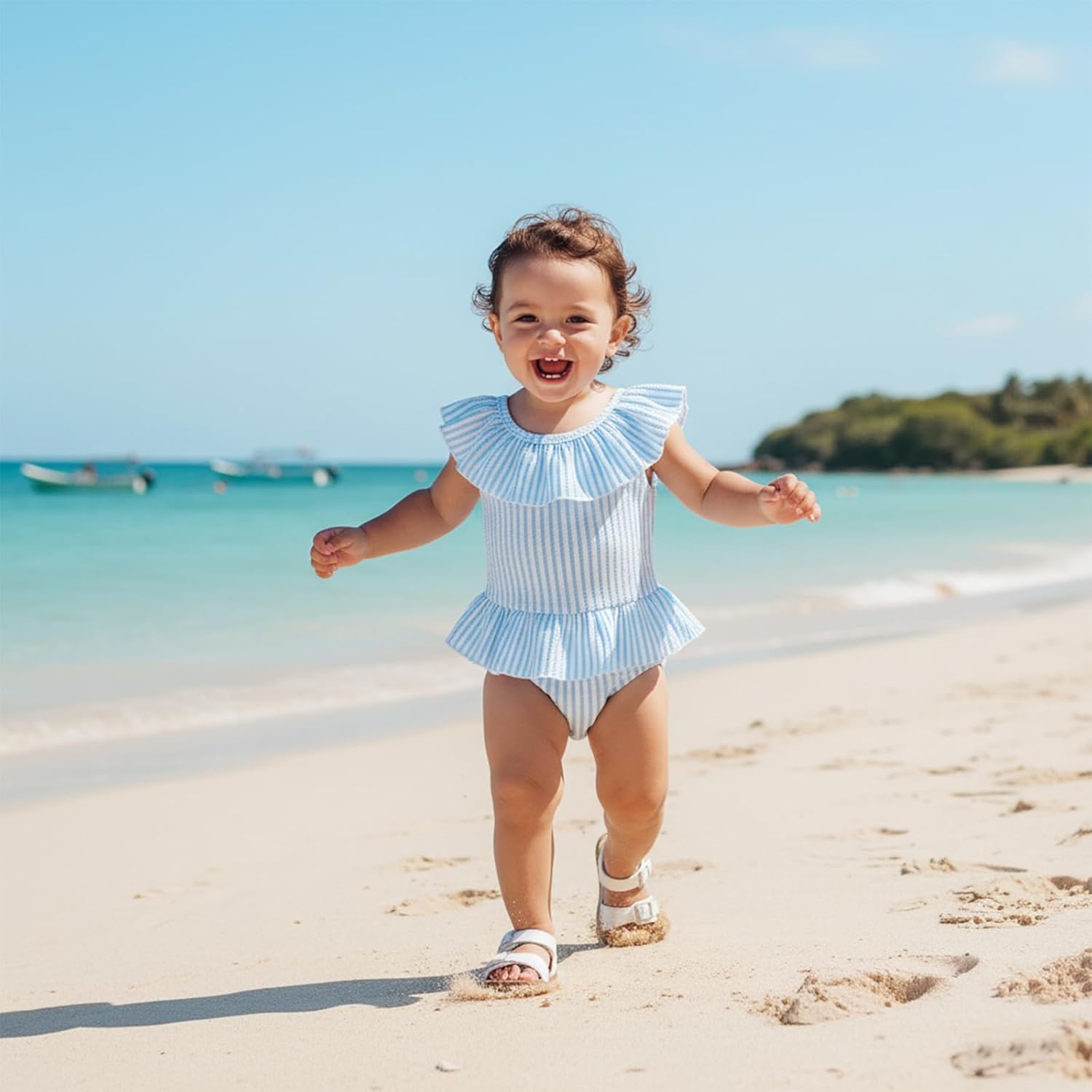 Toddler Baby Girls Seersucker Striped Sleeveless One Piece Swimsuit Bathing Suit Little Girls Ruffled Swimwear