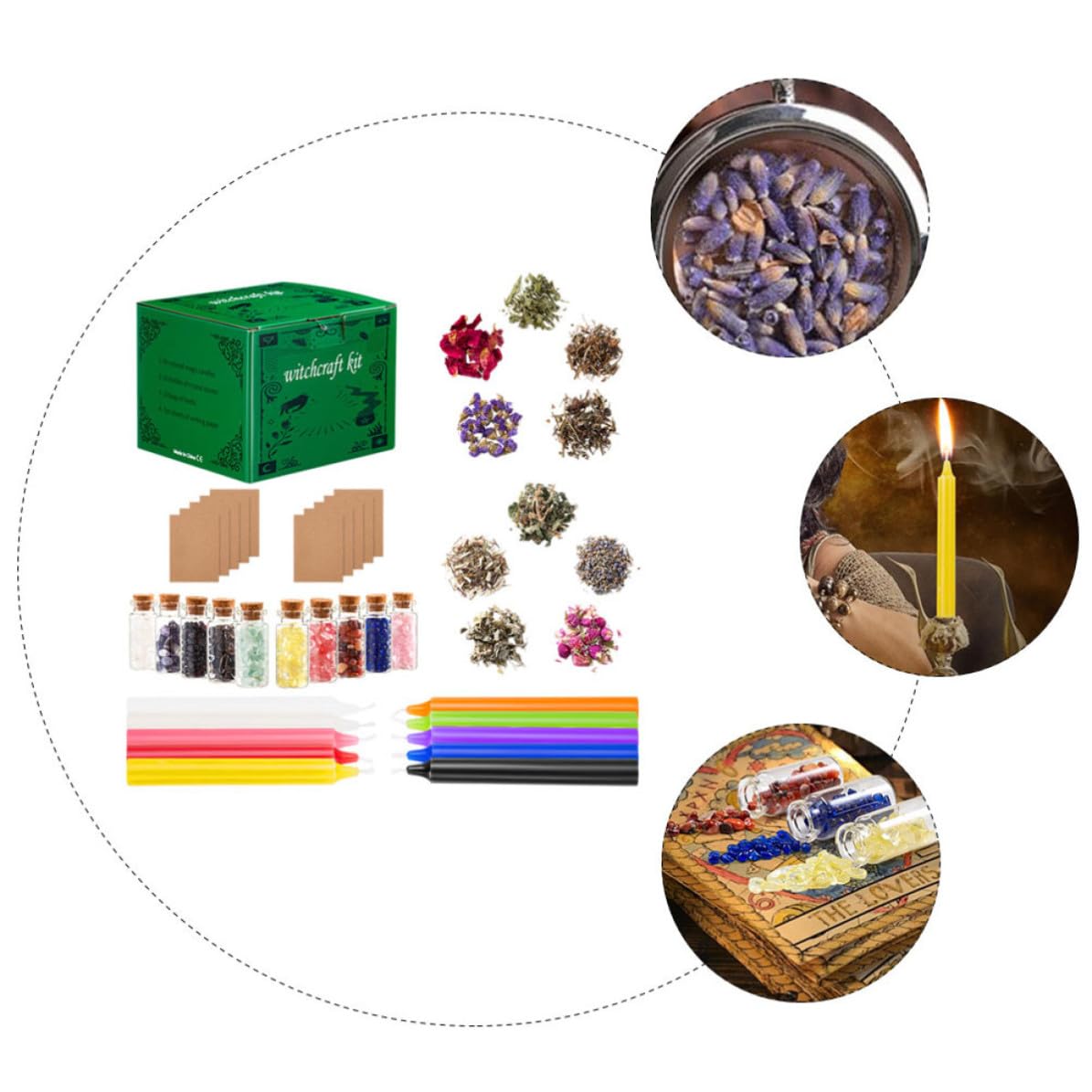 Satz mit Duftkerzen aus Paraffin und Glas Einzigartiges Ritual mit Feinen Details Einfache Erscheinung für Anfänger in Zauberkunst