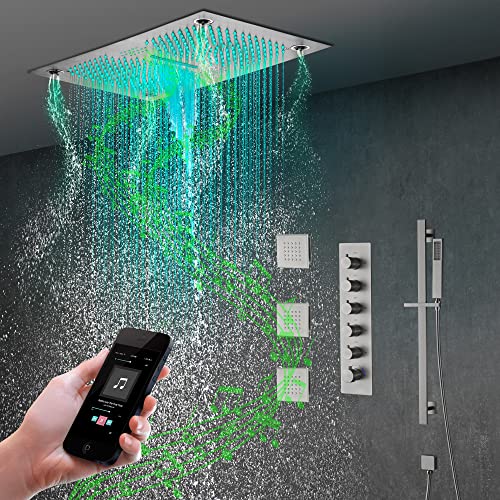 Cascada Luxury 16”x28” sistema de ducha con música, LED y altavoces Bluetooth incorporados, 5 funciones (Lluvia, Cascada, Niebla, Jets corporales y ducha de mano) y control remoto de 64 luces de color (Negro mate)