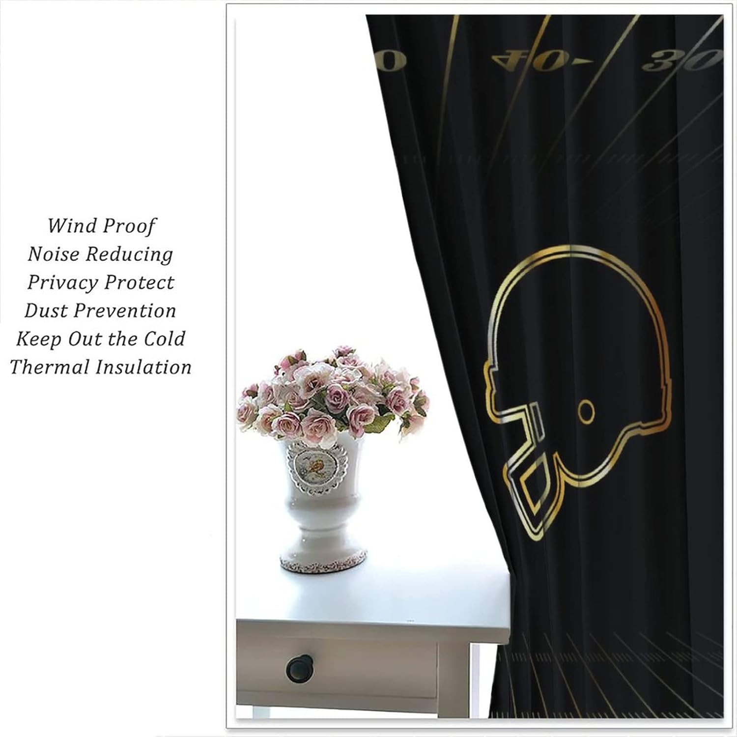 American Football Sports Game Rod Pocket Blackout Curtains - Abstract Black Gold Football Helmet Design Window Treatment Set Energy Saving Thermal Insulated Drapes 2 Panels 63L x 27.5W