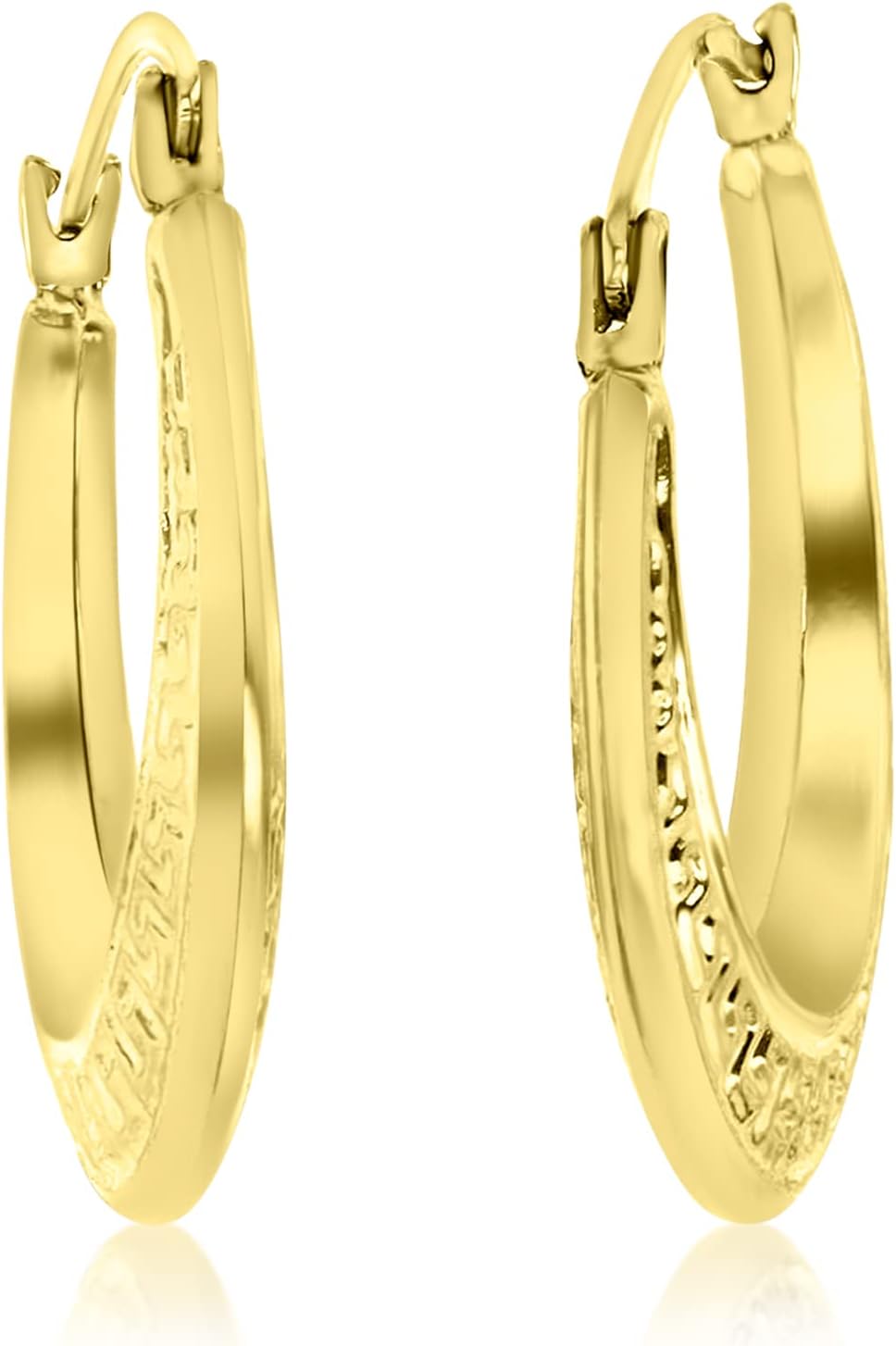 14K Yellow Gold 2x14mm-23mm Polished Textured Greek Key Design Lightweight Hoop Earrings - Image 3