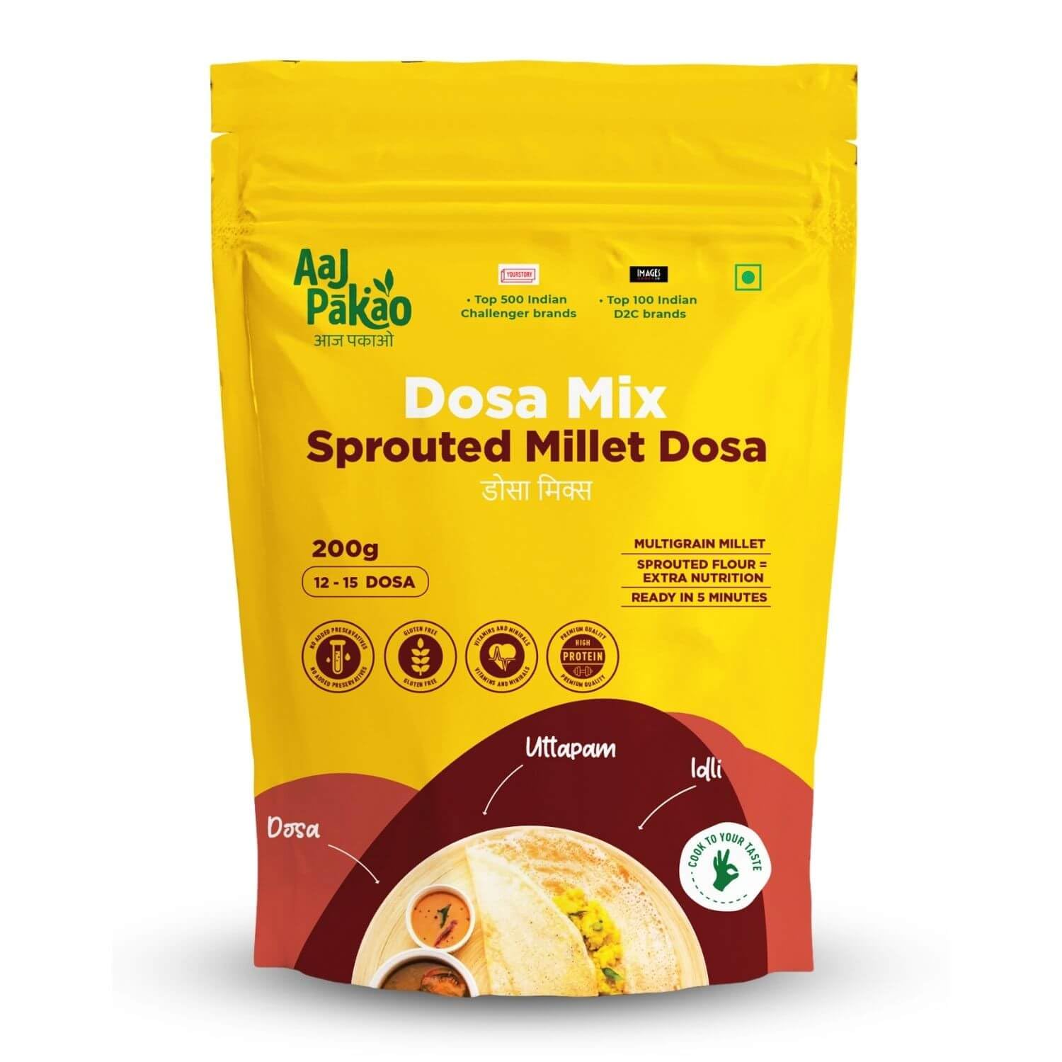 Aaj Pakao - Instant Millet Dosa Mix Flour | 200gms | Make Quick Batter For 15-20 Healthy and Nutricious Dosa | Suitable for All Ages | 100% Natural, No Preservatives | 1 Pack