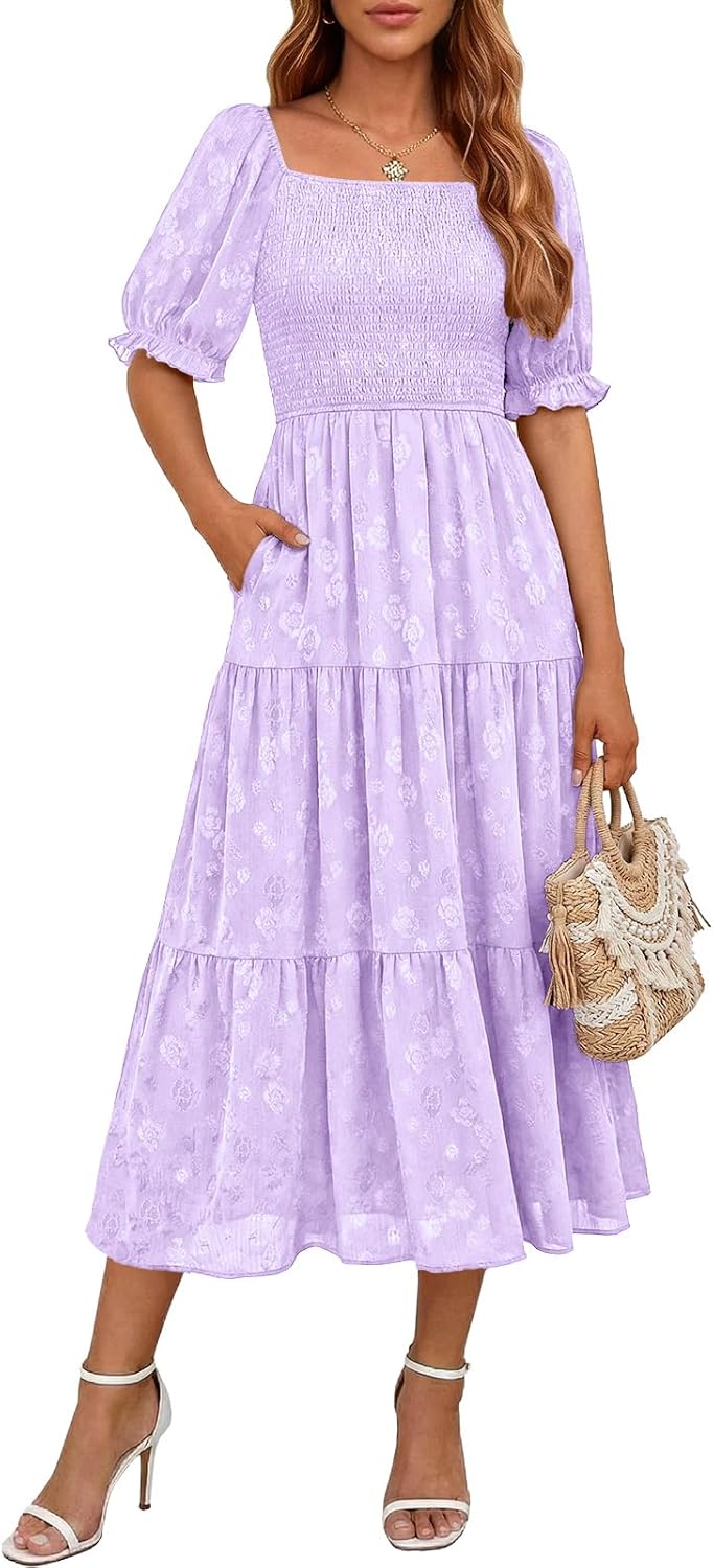 DRESSTELLS Women 2026 Summer Midi Casual Floral Wedding Guest Square Neck Smocked A Line Flowy Boho Dress with Pockets
