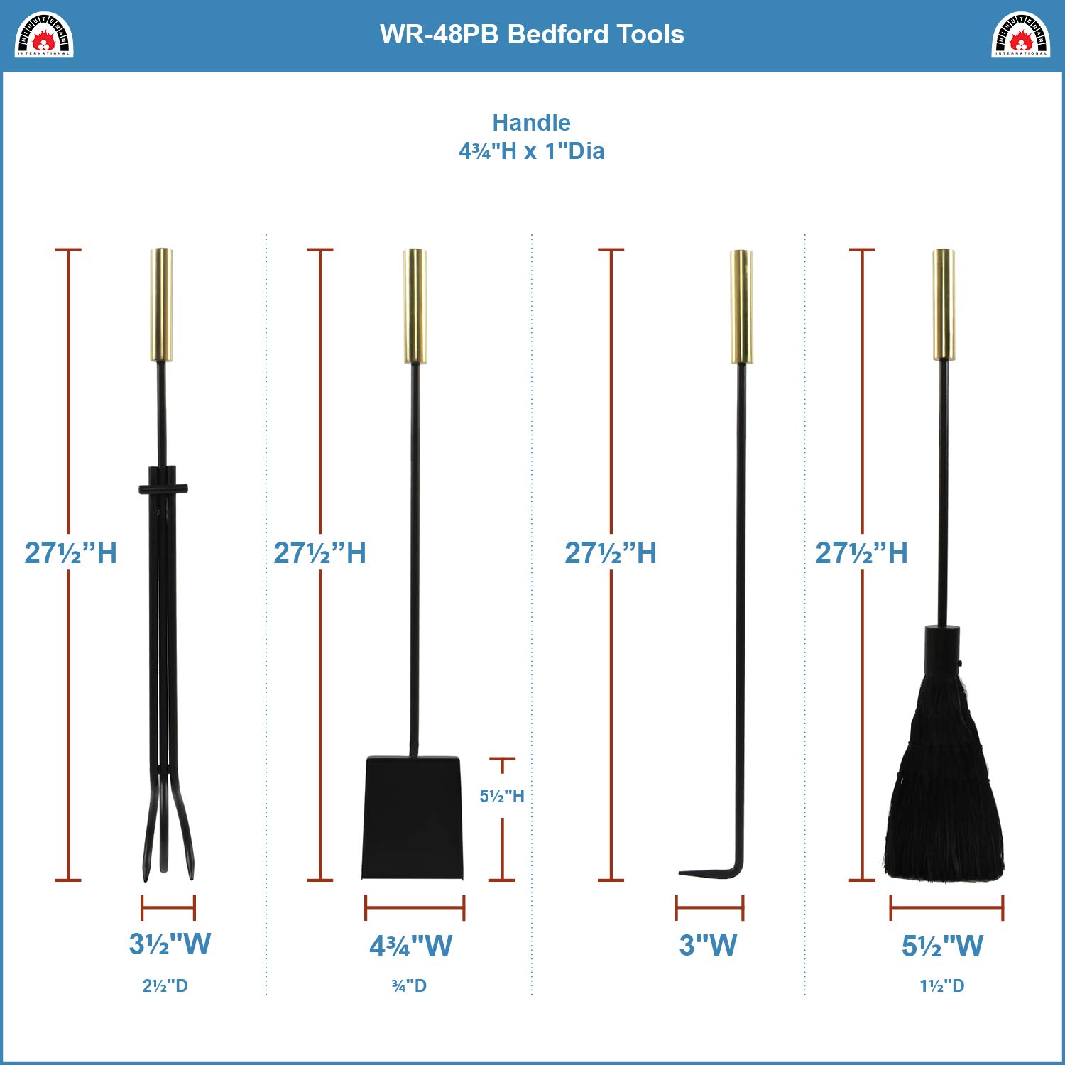Minuteman International - Set di Attrezzi per Camino Ottone Lucido e Nero. Ottone Lucido e Nero.