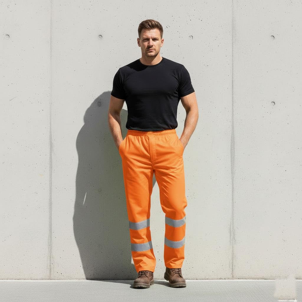 A2Z Hi Vis Wodoodporne spodnie robocze Oxford 300D, taśma odblaskowa, elastyczna talia, do budowy, jazdy na rowerze, pracy szosowej, żółto-pomarańczowe, S-4XL