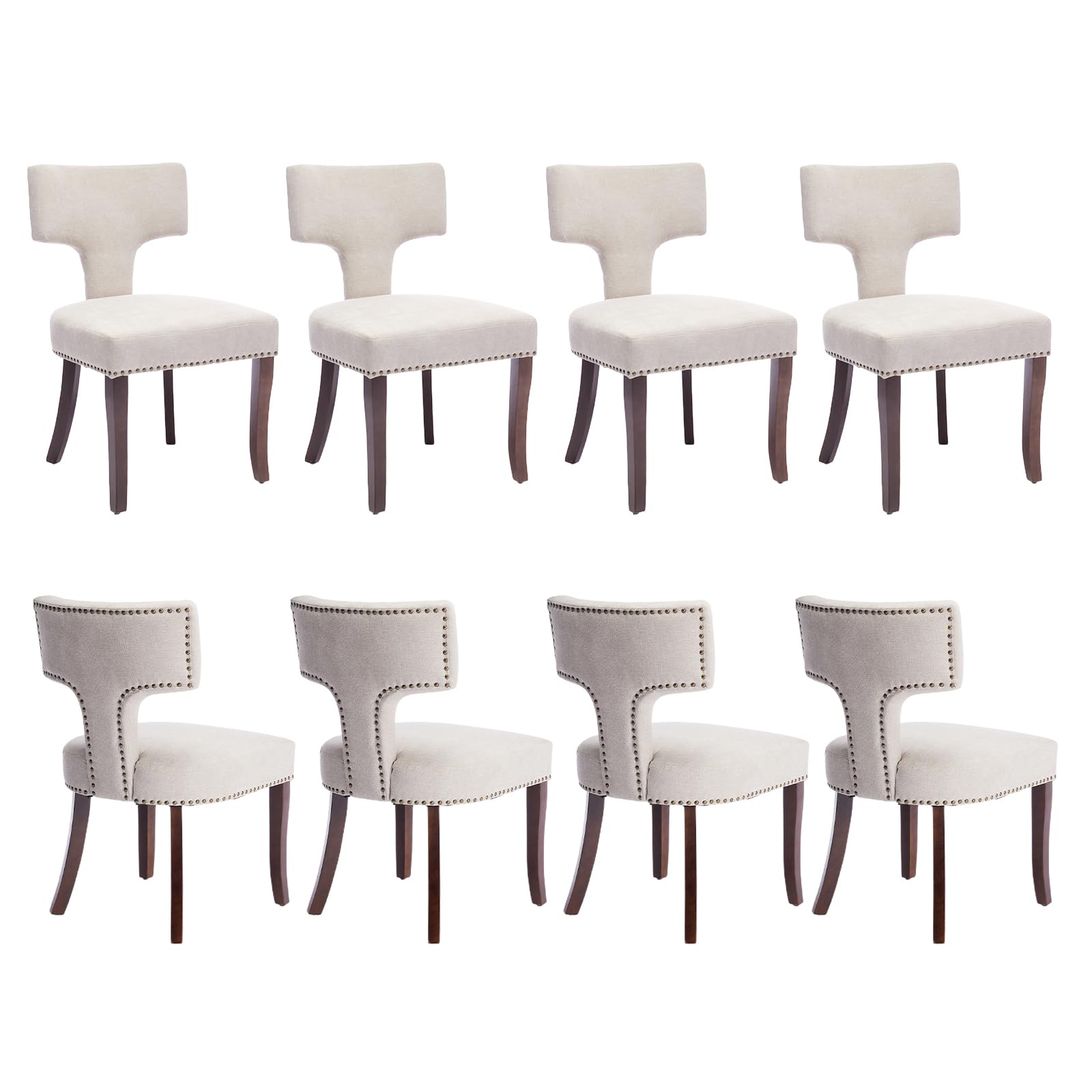 Shenyon Mid Century Dining Room Chairs Set of 8, Linen Fabric Farmhouse Dining Chairs, Upholstered Dining Room Chairs Curved Backrest with Nailhead