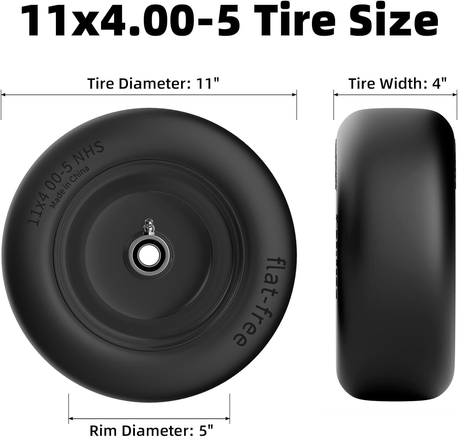 11x4.00-5 Lawn Mower Tires Flat Free, Zero Turn Mower Front Tires, 11x4-5 Solid Mower Wheel for Residential and Commercial, 3/4 and 5/8 Bearing, 3.4-5 Center Hub, 2Pack Black, 350Lbs