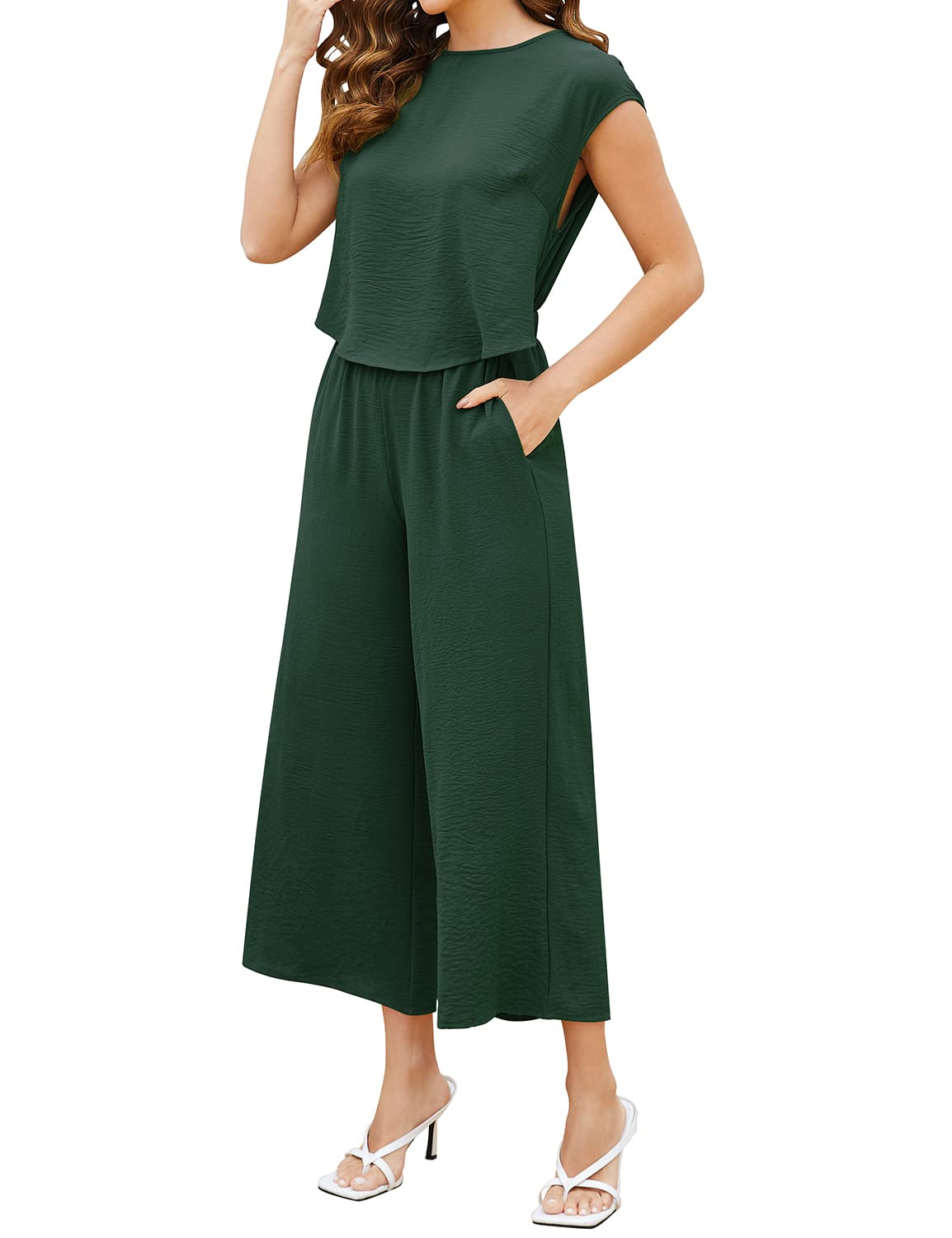 ROYLAMPWomen's Summer Casual Jumpsuit Sleeveless Cutout Crop Backless Tie Back Cropped Wide Leg Rompers with Pockets
