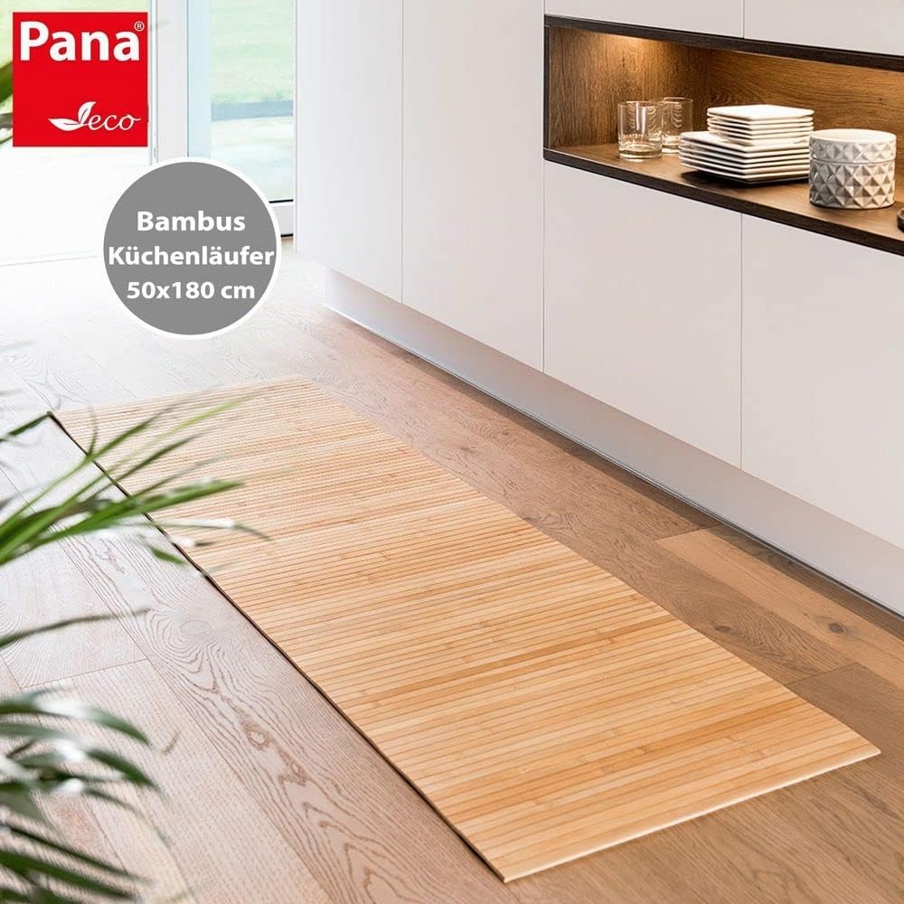 PANA®ECO Bambus Küchenläufer • Holz Küchenteppich für Flur • Teppich waschbar & rutschfest • Läufer 100% Bambus • Nachhaltig • Farbe: Natur • Größe: 50 x 180 cm