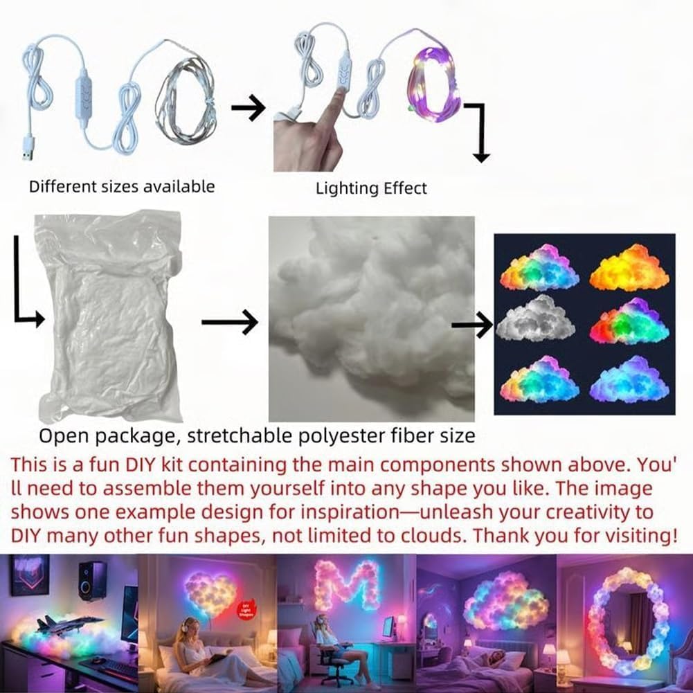 DIY USB-Powered Thundercloud Led Light Decor, 3D Led Cloud Light with Music Rhythm, Multicolor Clouds for Room Ceiling with App and Remote Control for Kids Indoor Home Bedroom (157.4in)