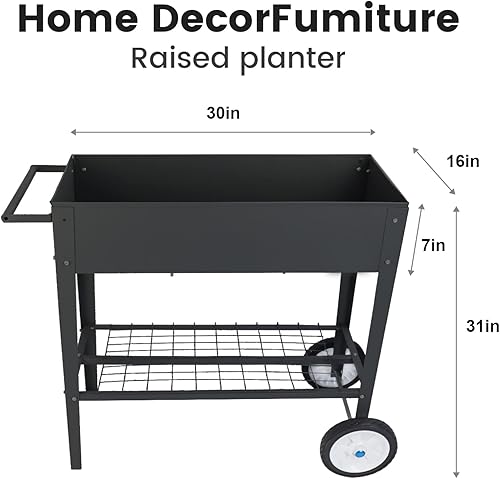 Miniatura 4 de Carrito de cama de jardín elevado de metal con patas y ruedas más grandes, caja de maceta alta elevada con estante inferior para exteriores,