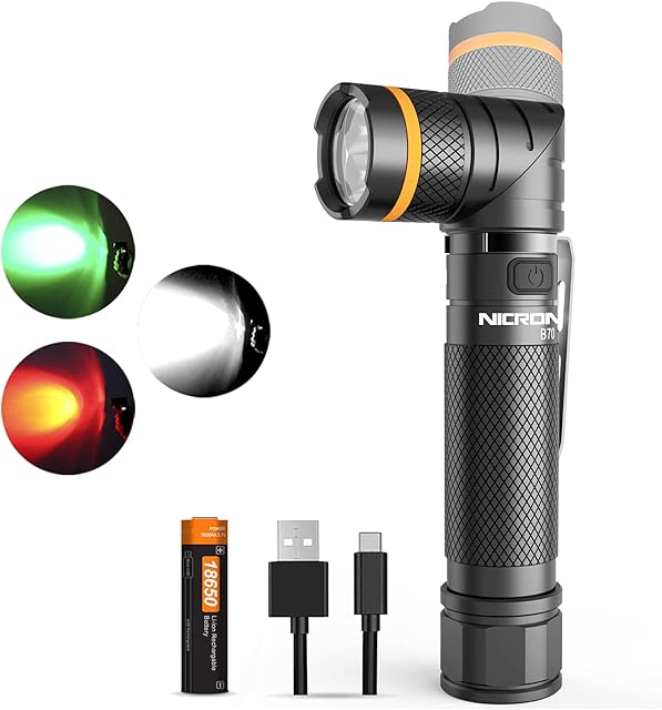 NICRON LED Torch USB Rechargeable Powerful 1200 Lumen Flashlight, 90 Degree Rotatable, Red Green Light 10 Lumen, IP65 Waterproof with Magnet for Hunting Outdoor, Battery Included B70