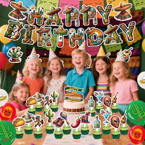 Image of Mexican Birthday Decoration Set, Mexico Fiesta Happy Birthday Banner, Party Supplies with Banner, Hanging Swirl, Balloon, Cake Topper, Cupcake Topper