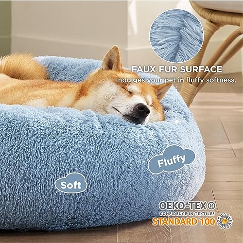 Image of Bedsure Calming Dog Bed for Medium Dogs - Donut Washable Medium Pet Bed, Anti-Slip Round Fluffy Plush Faux Fur Cat Bed, Fits up to 45 lbs Pets, Light Blue, 30 inches