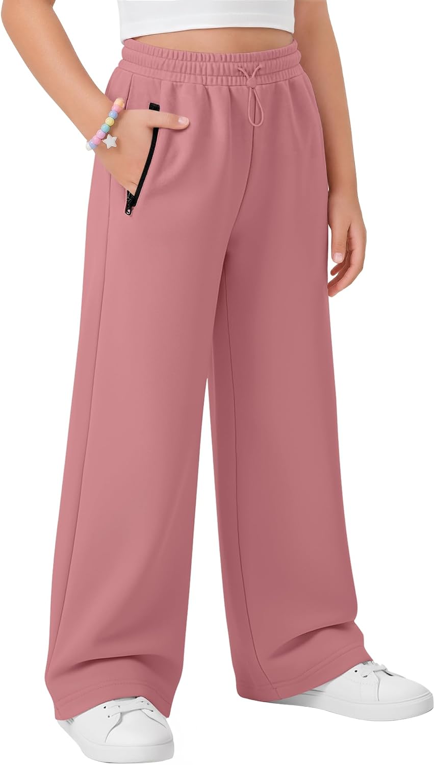 Girls' Wide Leg Sweatpants Drawstring Baggy Pants Athletic Kids Joggers Teen Trousers Pocket with Zipper