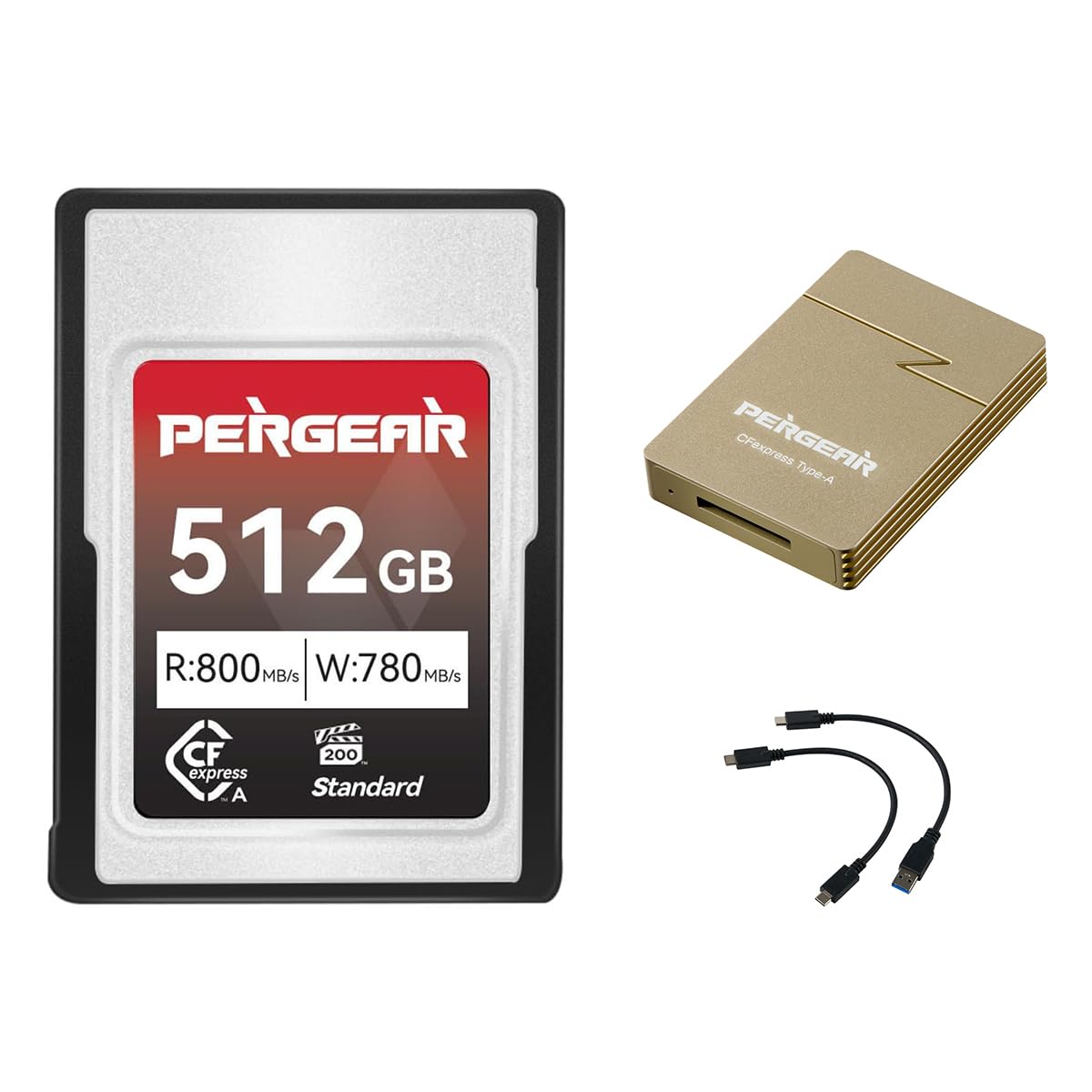 Pergear 512GB Scheda di memoria CFexpress tipo A, fino a 800 MB/s di velocità di lettura e 780 MB/s di velocità di scrittura per 4K 120P, 8K 30P (con lettore di schede) per fotocamera Alpha & FX