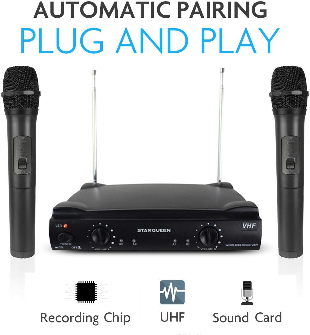 Starqueen Dual-Channel Wireless Microphone System with 2 Handheld Dynamic Mics, Cordless Portable Stage Karaoke Machine for Home KTV Party Speech