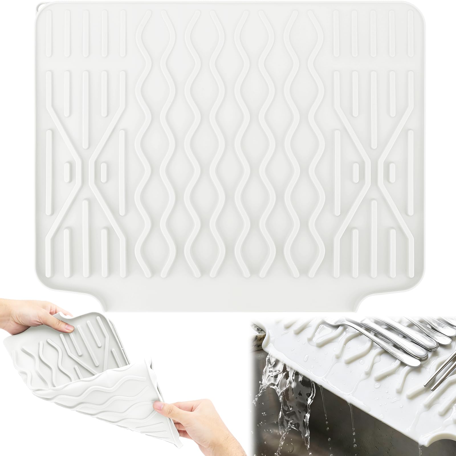 RZCOMP Silicone Dish Drying Mat,Draining Board Mats Non-Slip Sink Drainer Mat,No-Spill Mat & Heat Resistant Folding Silicone Draining Mats for Kitchen,Campervan Counter,Sink (White)