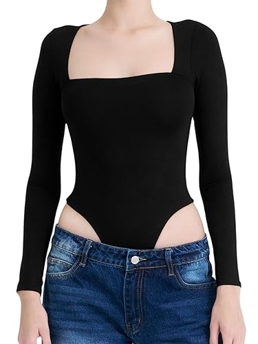 Women's Square Neck Long Sleeve Bodysuit, Slim Fit, Casual Style