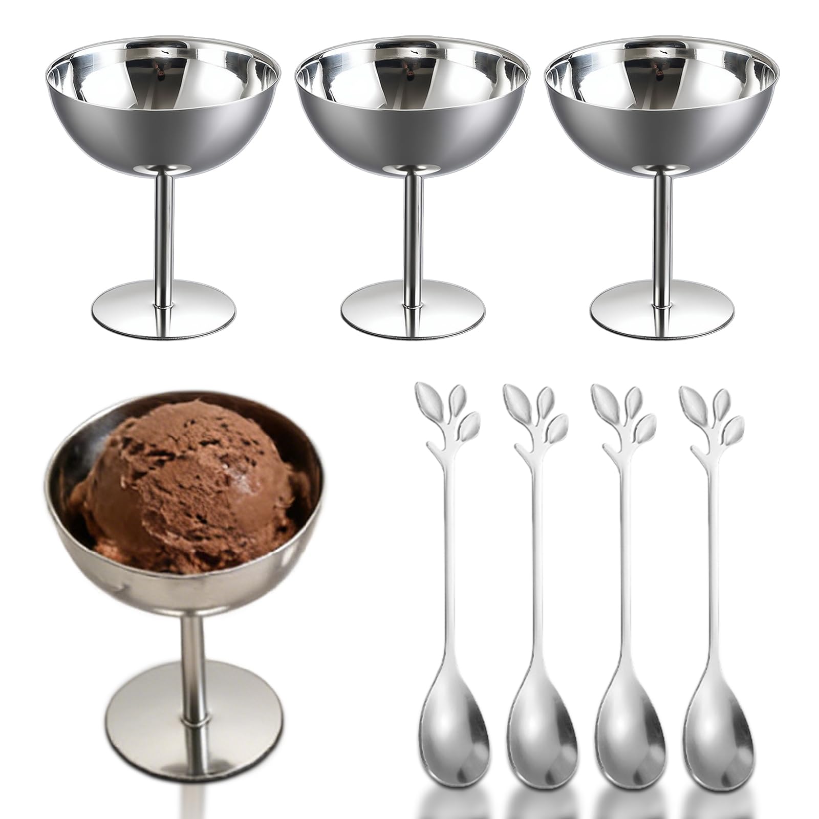 4 bicchieri da gelato in acciaio inox, 200 ml, con 4 cucchiai da dessert, forma rotonda, per gelato, dessert, yogurt, dessert per matrimoni, feste, ristorante, argento
