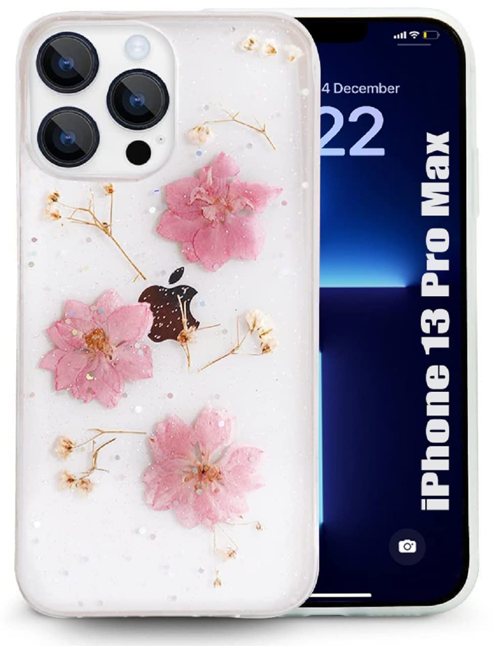 SQUIF Back Case for iPhone 13 Pro Max Cover for Girls with Real Natural Dry Flowers, Clear and Glitter (Silicone, Pink) (B0B751QM39) Amazon Price History, Amazon Price Tracker
