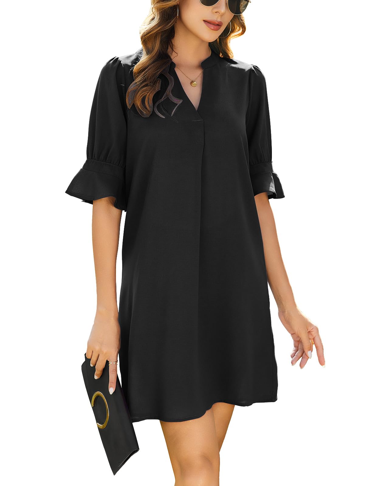 CMTOP Vestido Mujer V Volantes Media Manga Color Sólido Vestido Corto Verano Sencillo Vestidos Casual Amplios Elegante Vestido Vacaciones