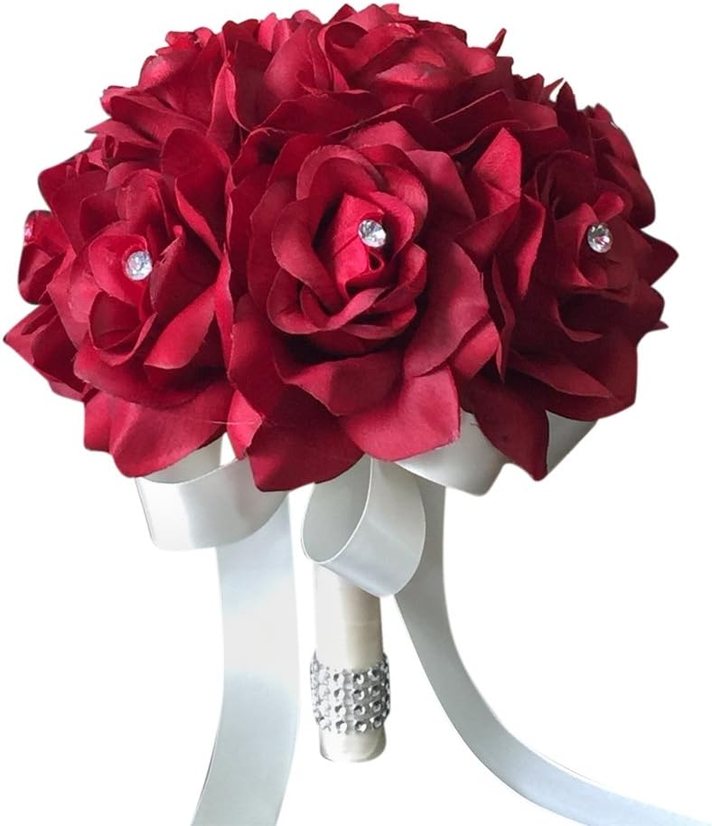 Angel Isabella 8" Wedding Bouquet - Apple Red Open Roses with Rhinestone and Bling Decor(Ivory Ribbon)