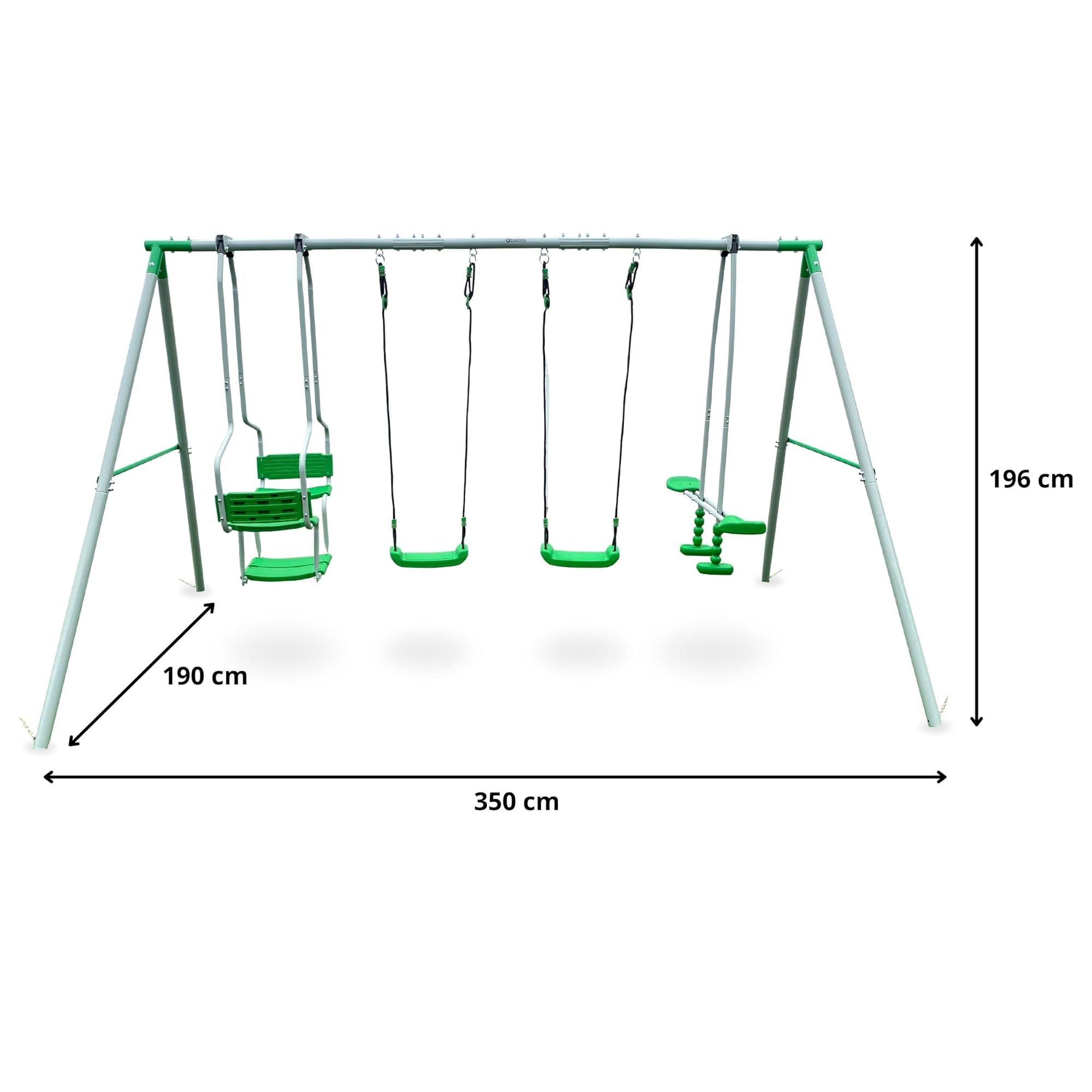 HyperMotion 6-Personen-Schaukel für Kinder 3+, Gartenschaukel mit 2 klassischen Schaukeln, Wippschaukel und Doppelschaukel, verstellbare Seile, wetterfest, Grün