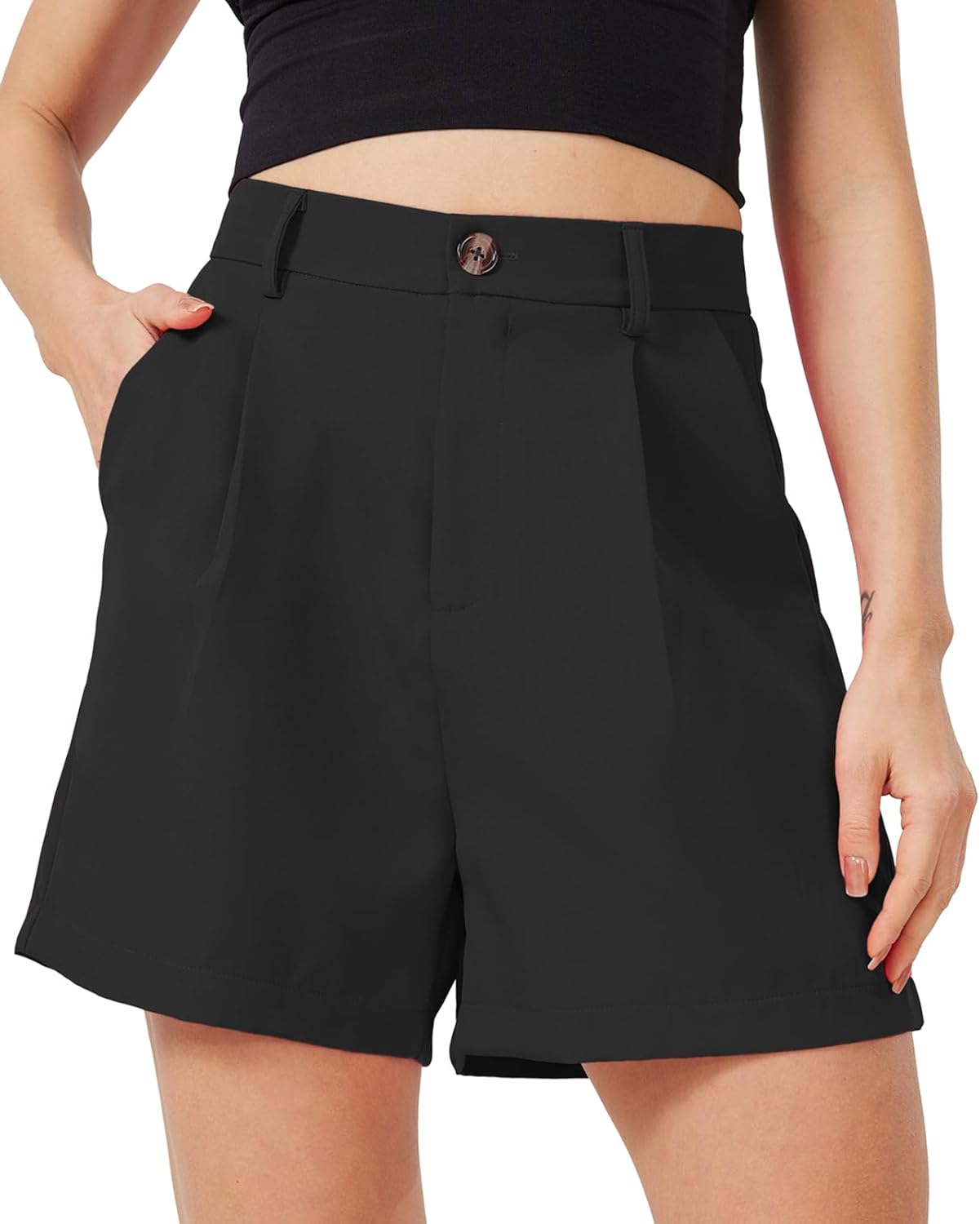 XinYangNi Casual Shorts for Women Dressy Summer Elastic Waist Back Pleated Wide Leg Tailored Work Trouser Shorts with Pockets