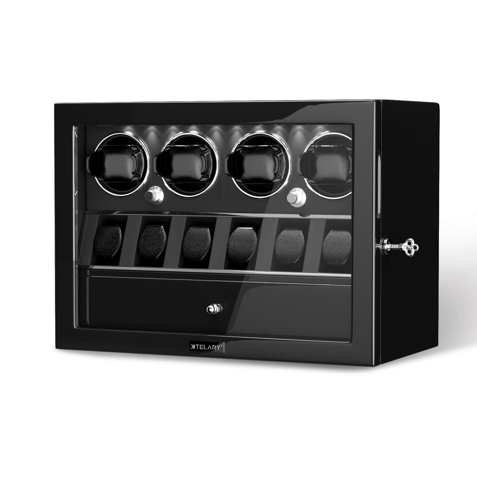 XTELARY Caja giratoria para Relojes con Cerradura para 2/4/6/8 con Espacio de Almacenamiento, cajón de Almacenamiento, 4 Modos de rotación, luz LED Blanca, Motor supersilencioso y cojín de Reloj de