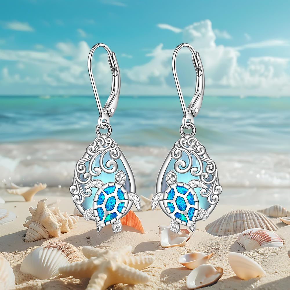 Sea Turtle Earrings Moonstone Turtle Earrings for Women Sterling Silver Blue Opal Turtles Jewelry Moonstone Leverback Dangle Christmas Gifts - Image 7