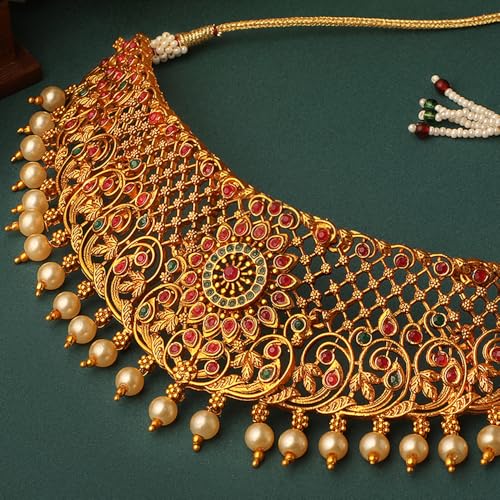 Image of Shining Diva Fashion Stylish Fancy Pearl Choker Traditional Jewellery Set for Women | Temple Necklace Set | Festive Wedding Party Necklace | 22k Gold Plated | Just Like Original Gold Jewellery