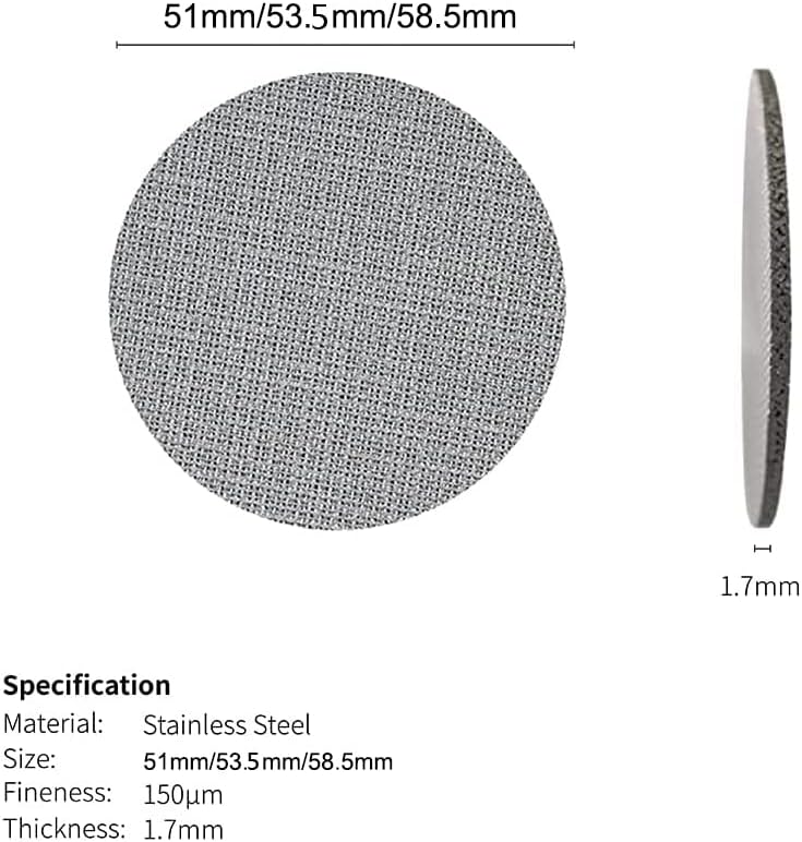 Miniatura 2 de 2 pantallas de disco de café expreso de 2.008 in, 0.067 in de grosor, 150 m, filtro reutilizable de malla para café expreso, cesta de filtro de
